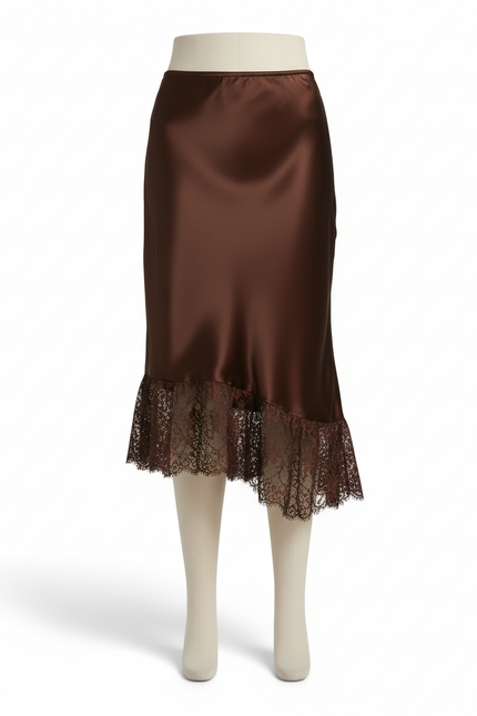 Jupe Satin Chocolat Dentelle Élégante