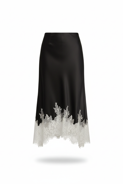 Jupe Satin Noir Dentelle Élégante