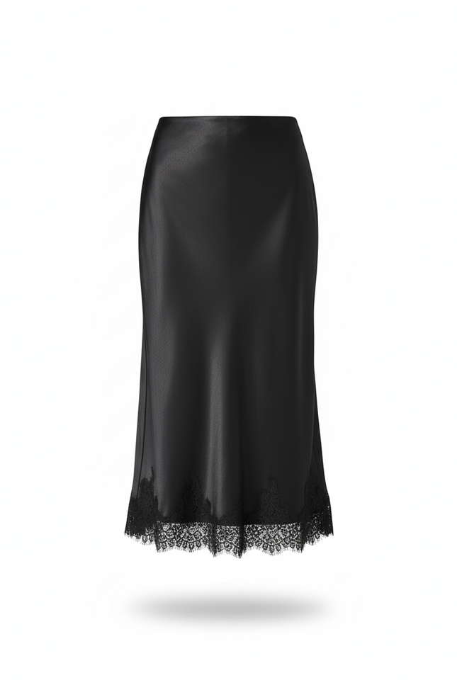 Jupe Satin Noire Dentelle Élégante Délicate