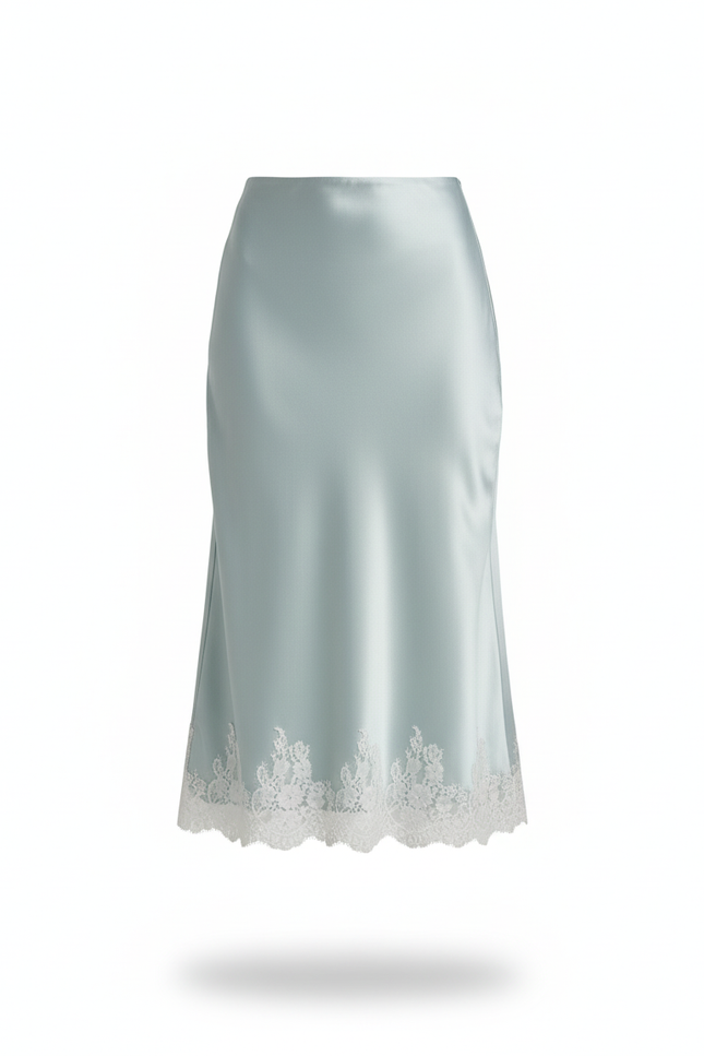 Jupe Satin Céladon Dentelle Élégante