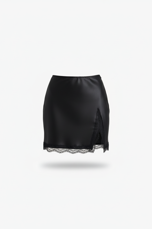 Jupe Fendue Noire En Satin