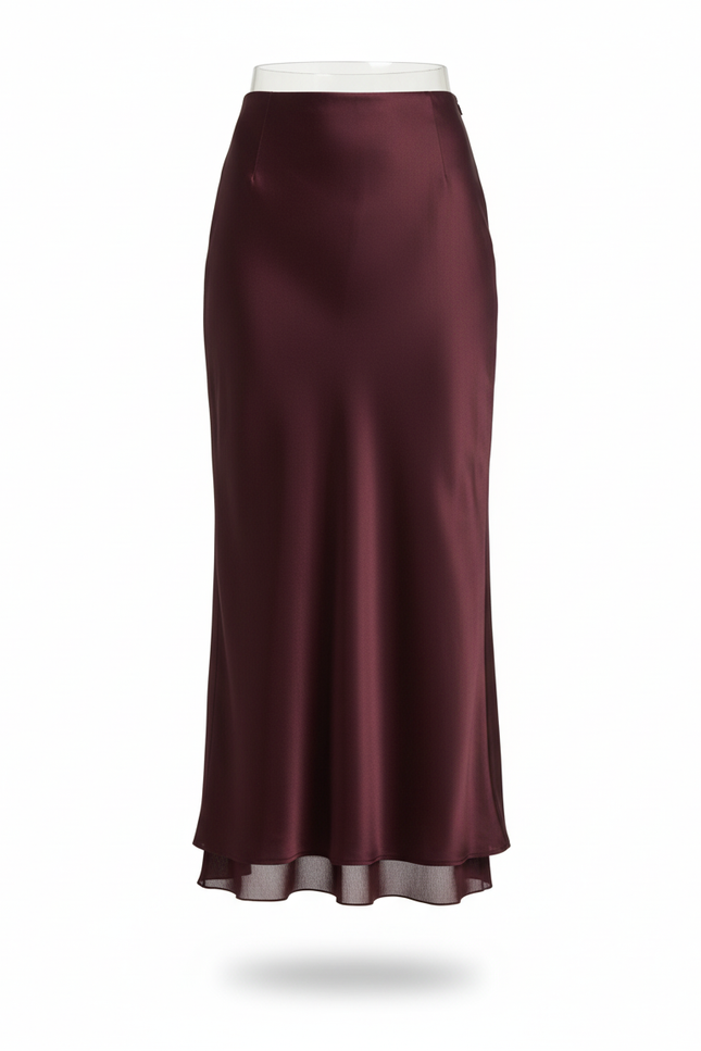 Jupe Satin Bordeaux Double-Couche Élégante