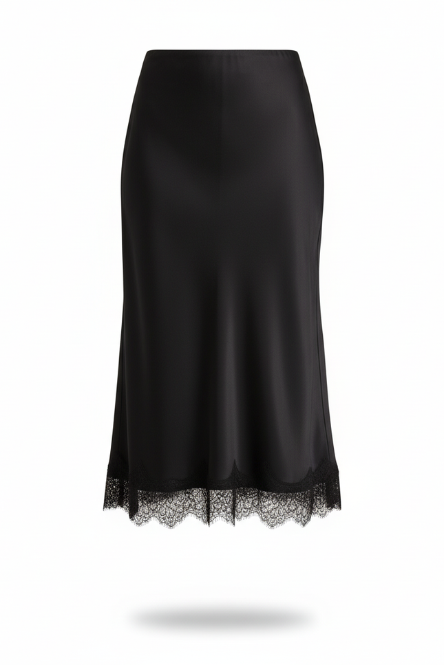 Jupe Satin Noire Dentelle Élégante Sophistiquée