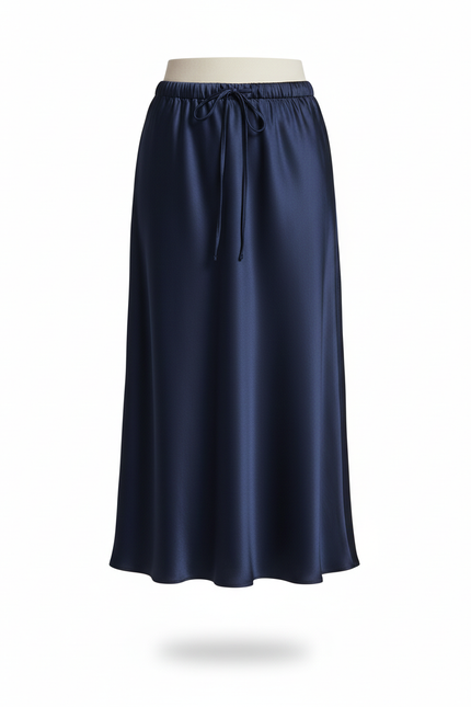 Jupe Satin Bleu Marine Longue Fluide