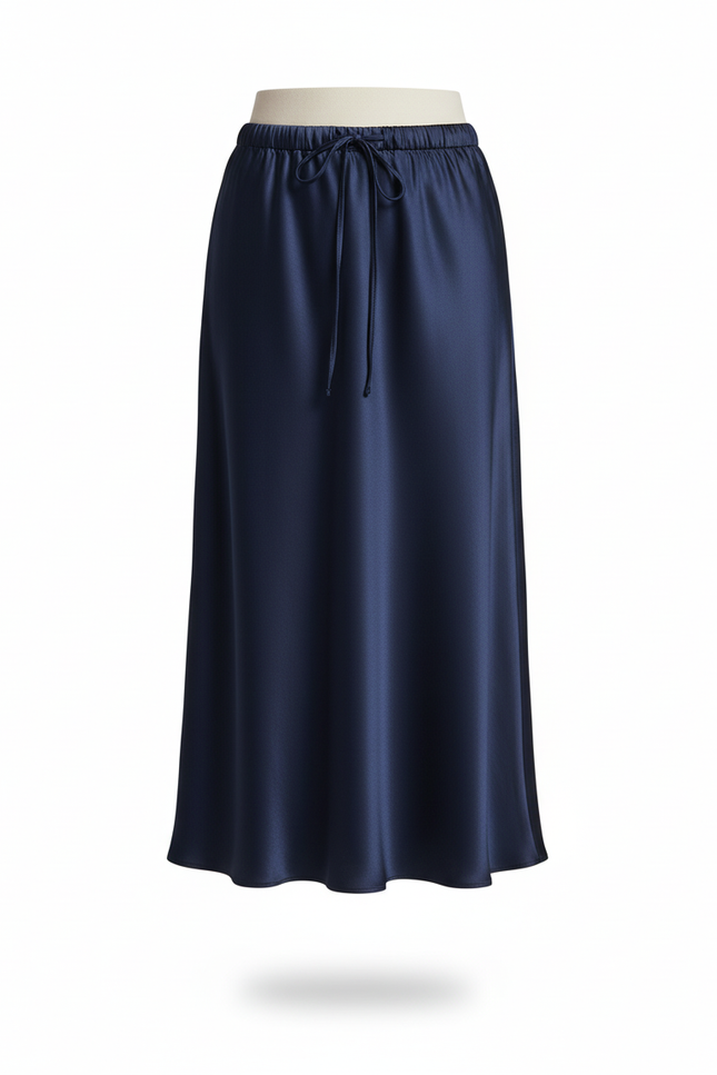 Jupe Satin Bleu Marine Longue Fluide
