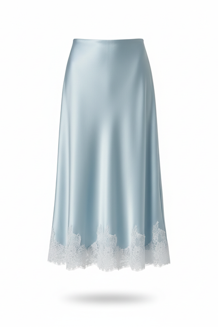 Jupe Satin Bleu Ciel Dentelle Élégante
