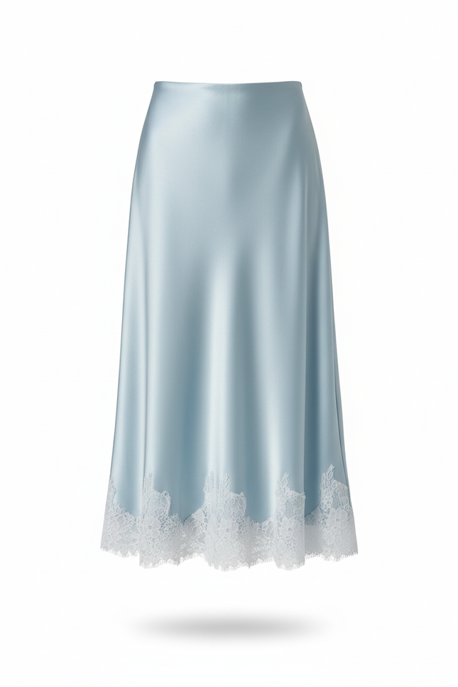 Jupe Satin Bleu Ciel Dentelle Élégante