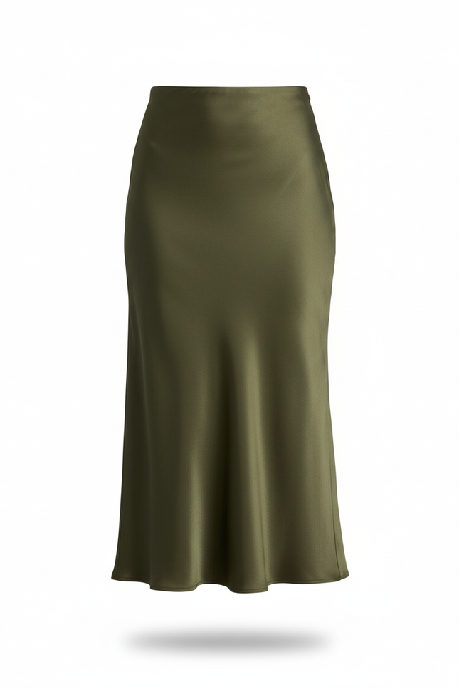 Jupe Satin Vert Olive Longue Élégante