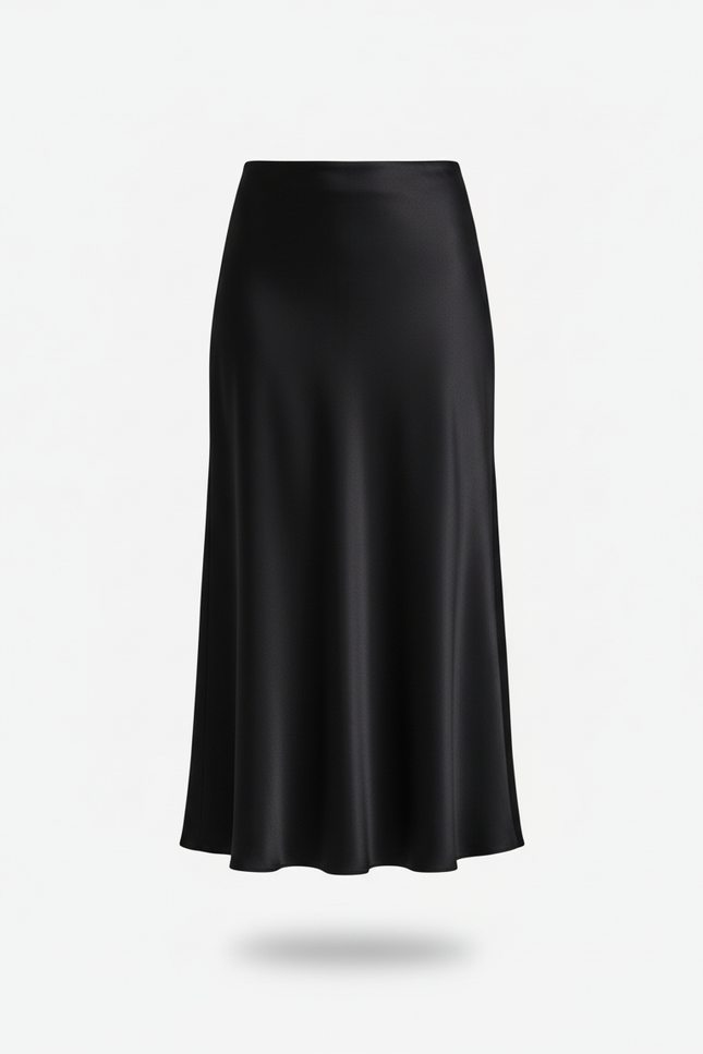 Jupe Satin Noire Midi Élégante Structurée