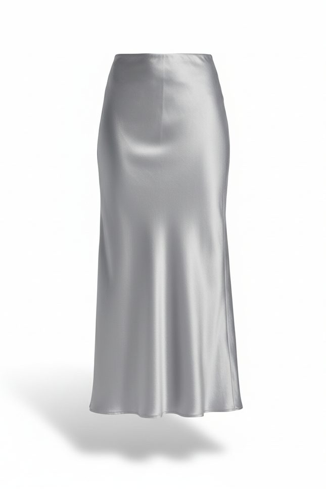 Jupe Satin Argentée Fluide Élégante Brillante