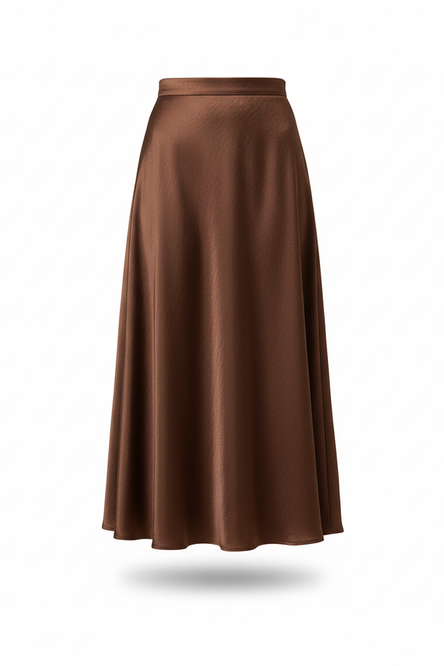 Jupe Satin Marron Évasée Élégante Fluide