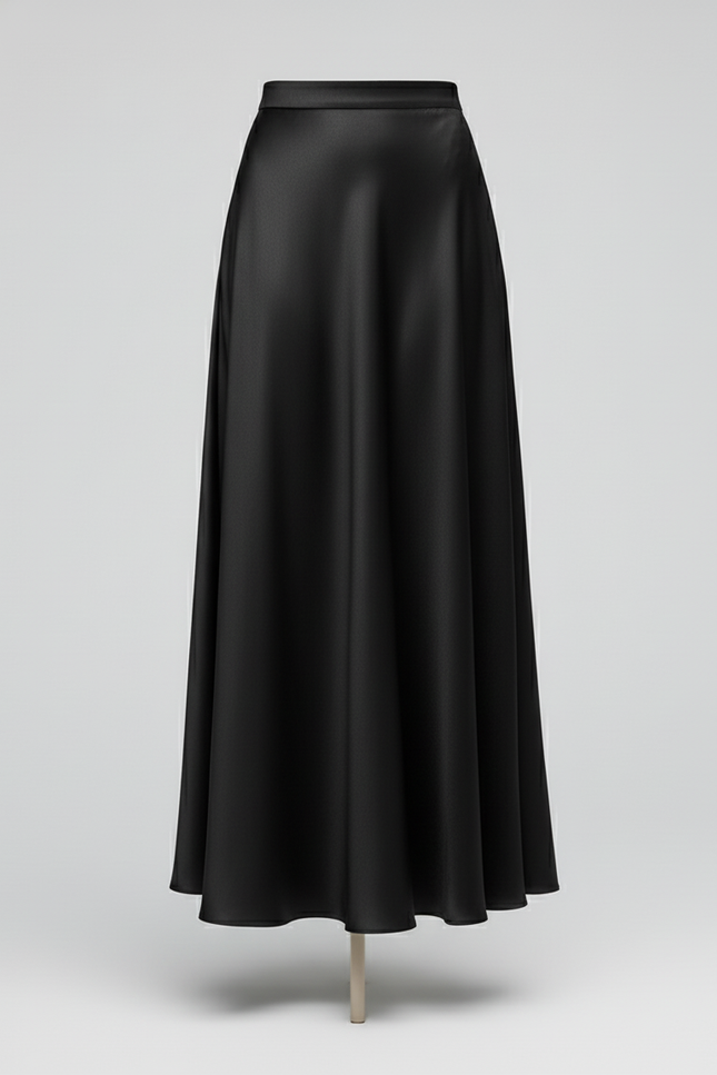 Jupe Satin Noire Fluide Élégante Chic