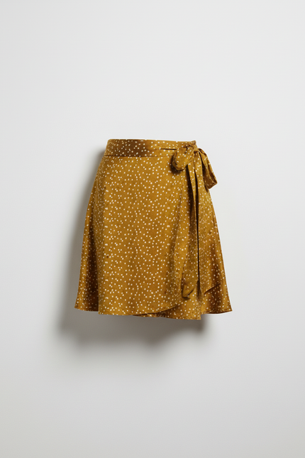 Jupe Satin Portefeuille Moutarde À Pois Fluide
