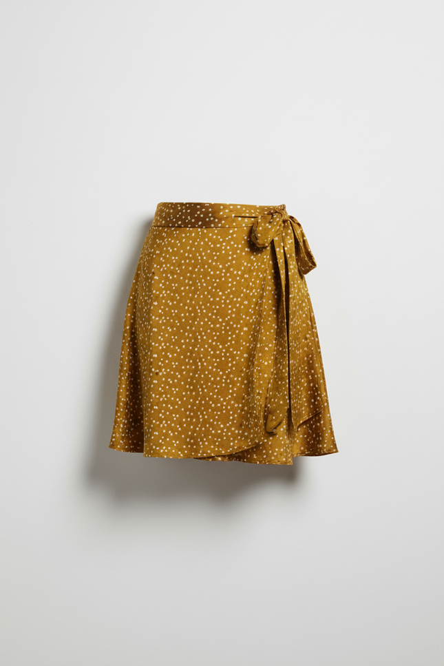 Jupe Satin Portefeuille Moutarde À Pois Fluide