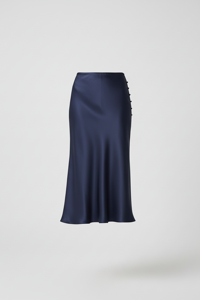 Jupe Satin Bleu Marine Évasée Fluide