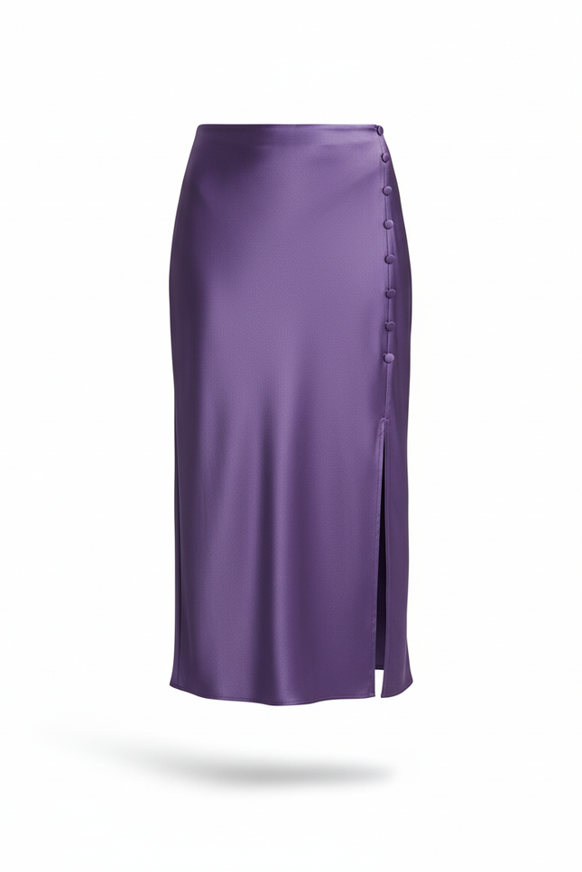 Jupe Satin Violette Fendue Élégante
