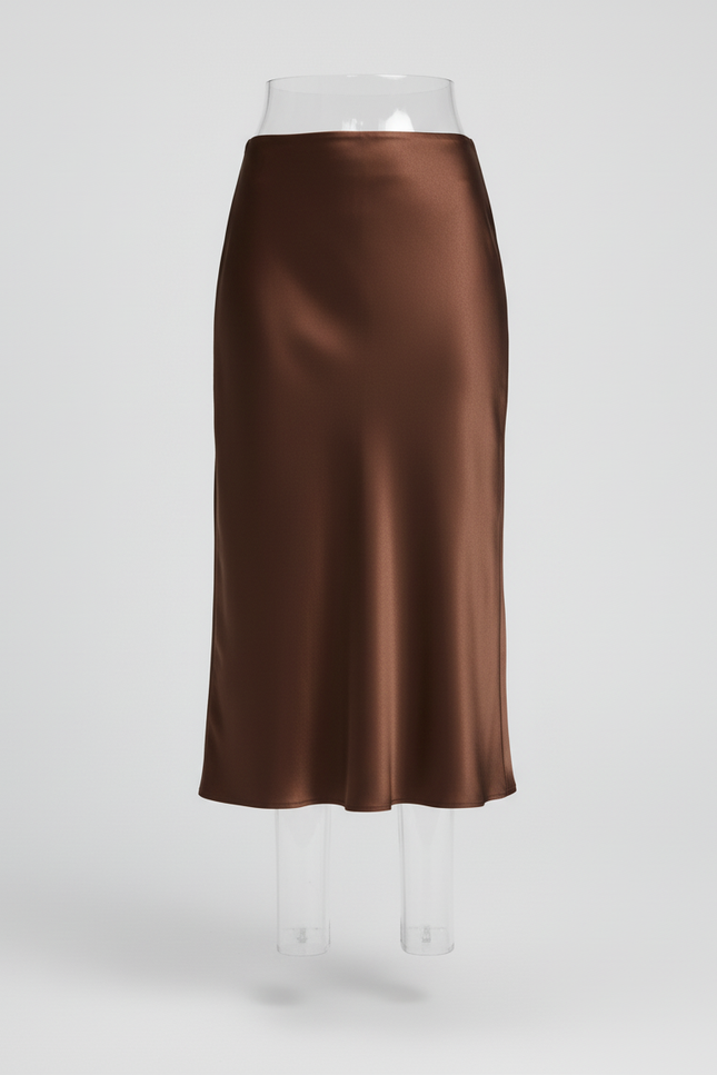 Jupe Satin Midi Marron Élégante