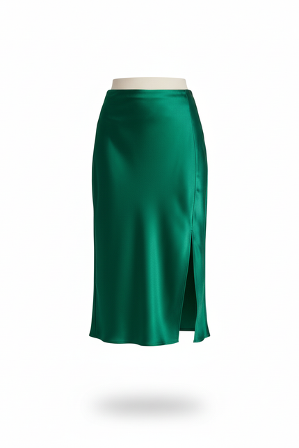 Jupe Satin Verte Fendue Fluide