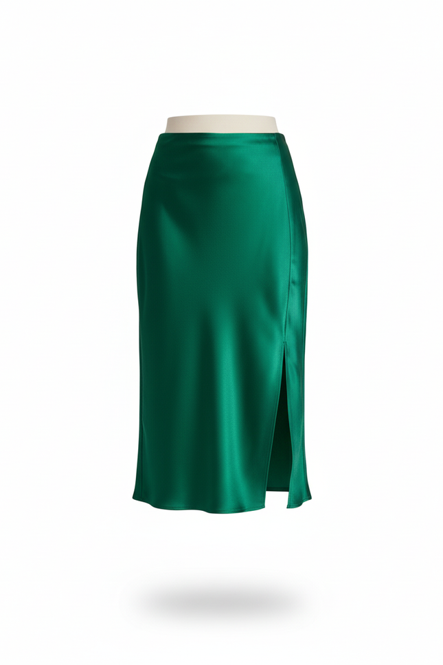 Jupe Satin Verte Fendue Fluide
