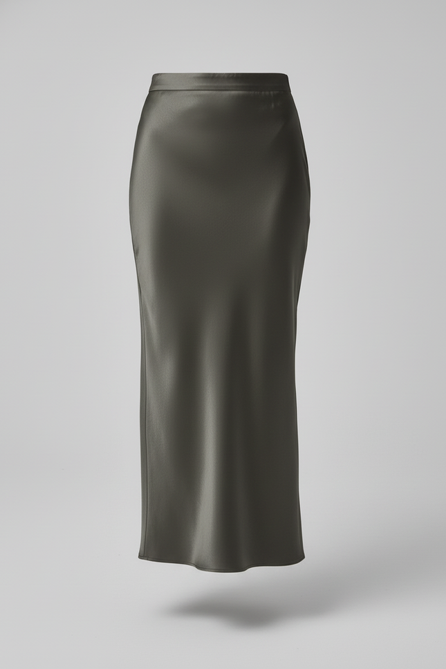 Jupe Satin Longue Kaki Fluide
