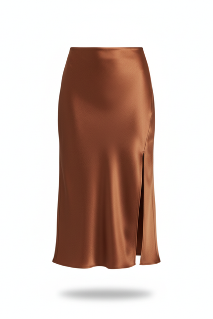 Jupe Satin Marron Fendue Fluide