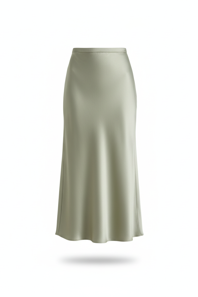 Jupe Satin Vert Sauge Midi Fluide