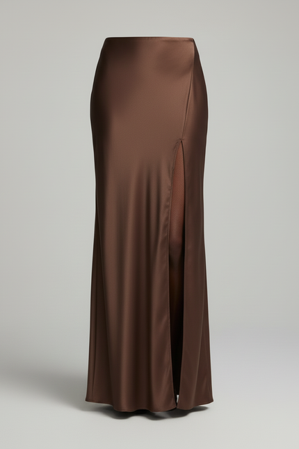 Jupe Satin Marron Fendue Élégante