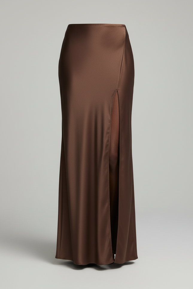 Jupe Satin Marron Fendue Élégante