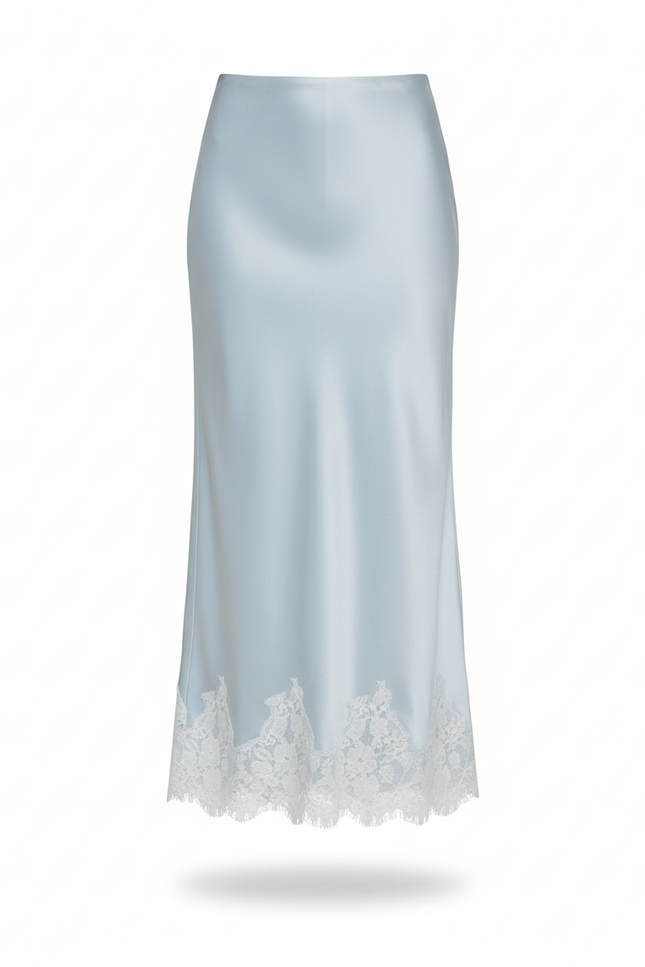 Jupe Satin Élégante Bleu Clair Dentelle