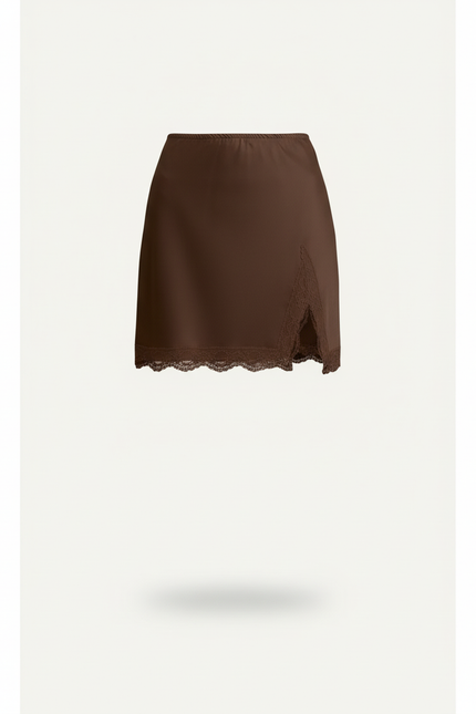Jupe Satin Marron Dentelle Chic Féminine