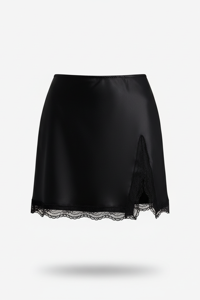 Jupe Satin Noire Dentelle Élégante Sensuelle