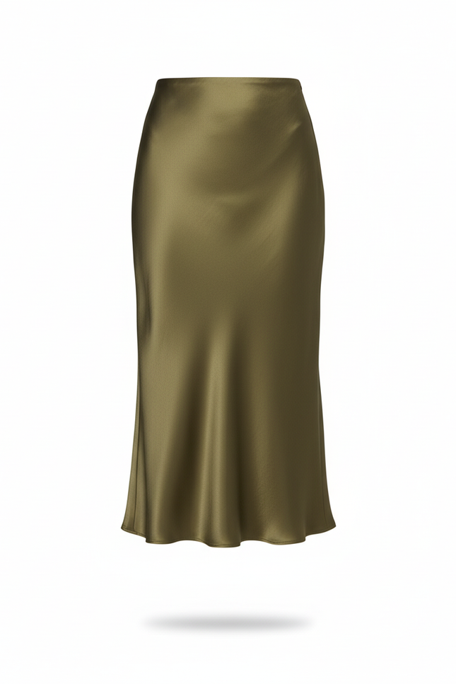 Jupe Satin Kaki Midi Élégante