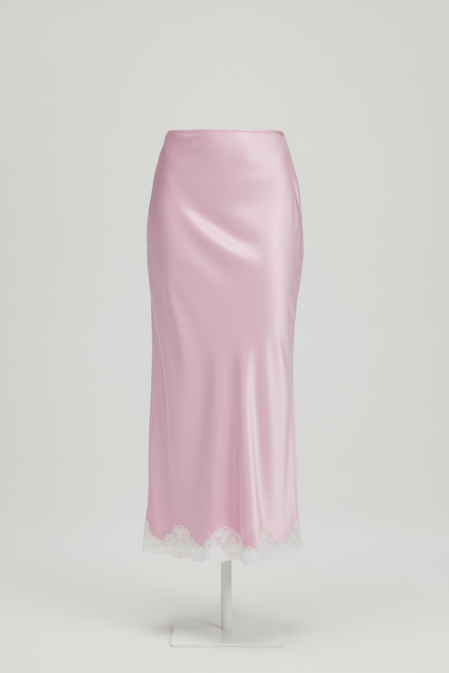 Jupe Satin Rose Dentelle Élégante