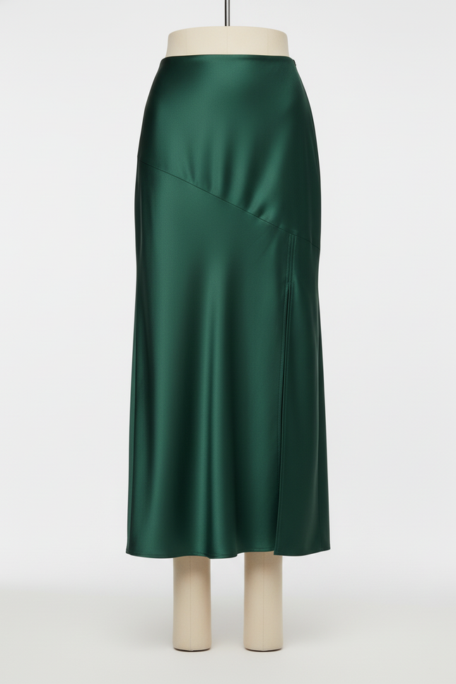 Jupe Satin Verte Fendue Élégante