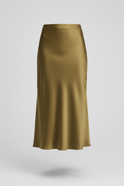 Jupe Satin Vert Olive Midi Fluide