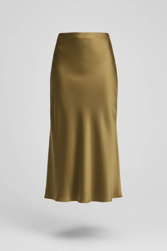 Jupe Satin Vert Olive Midi Fluide