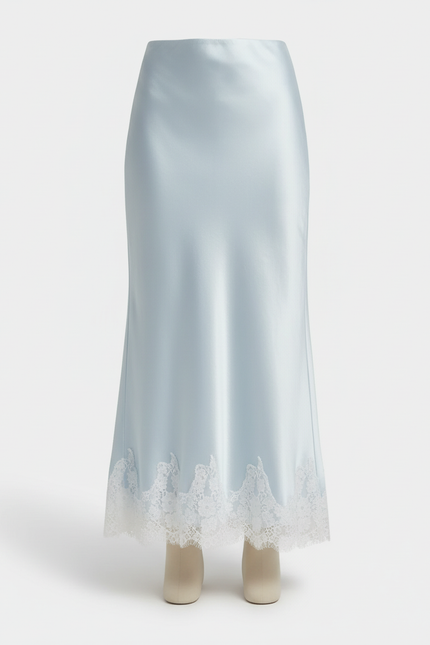 Jupe Satin Bleu Ciel Dentelle Fluide