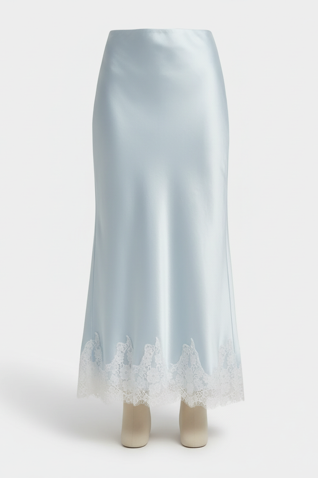 Jupe Satin Bleu Ciel Dentelle Fluide