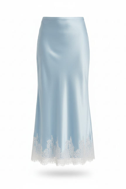 Jupe Satin Bleu Ciel Dentelle Élégante Délicate