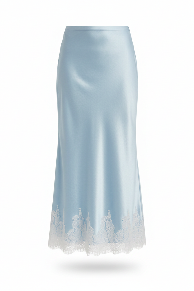 Jupe Satin Bleu Ciel Dentelle Élégante Délicate