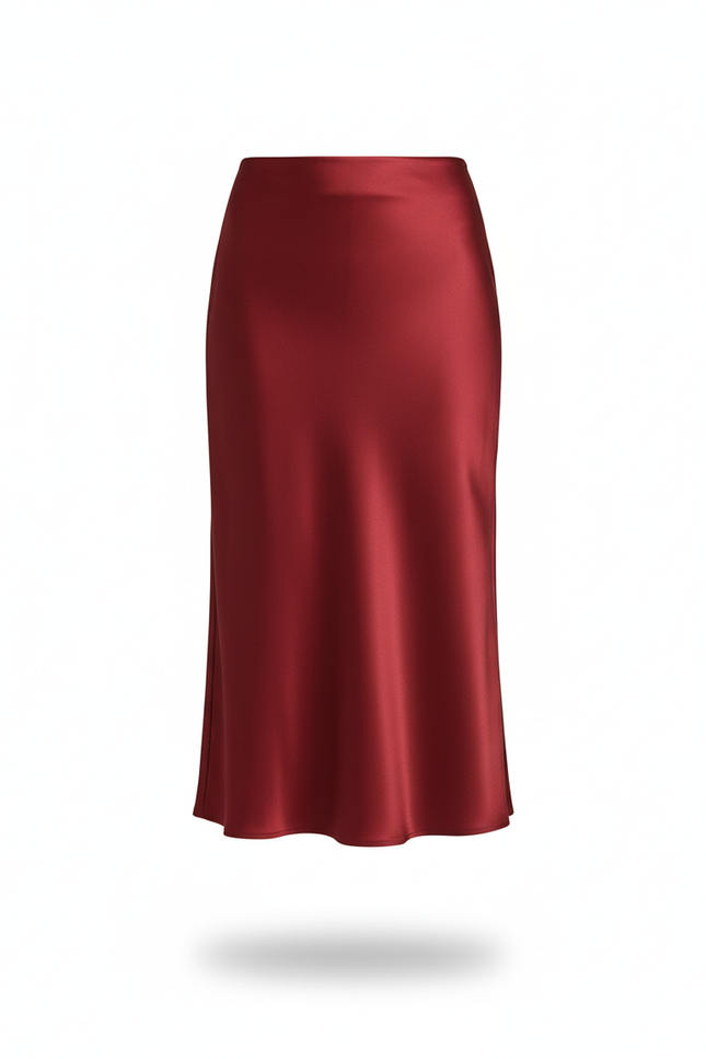 Jupe Satin Rouge Bordeaux Midi Élégante