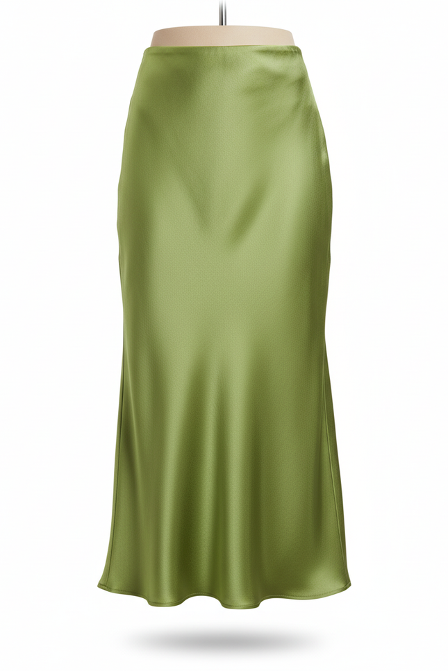 Jupe Satin Verte Midi Fluide