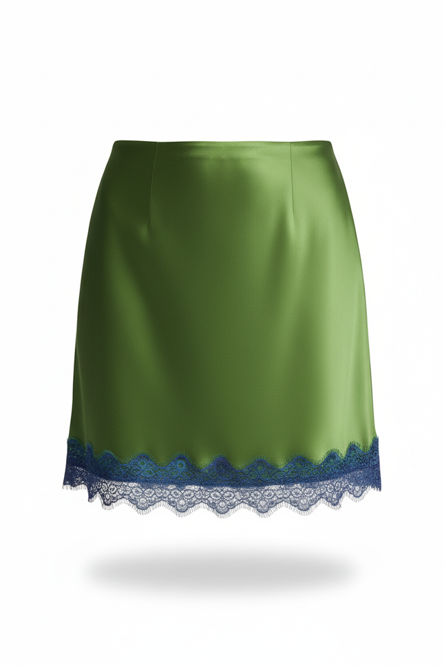 Jupe Satin Verte Dentelle Bleue Chic