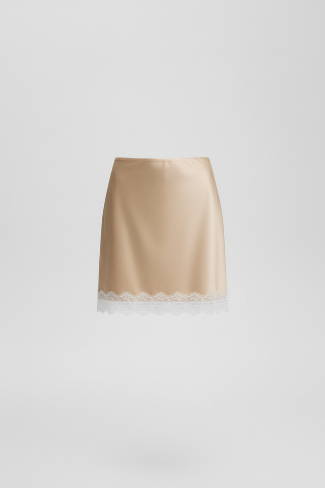 Jupe Satin Beige Dentelle Élégante
