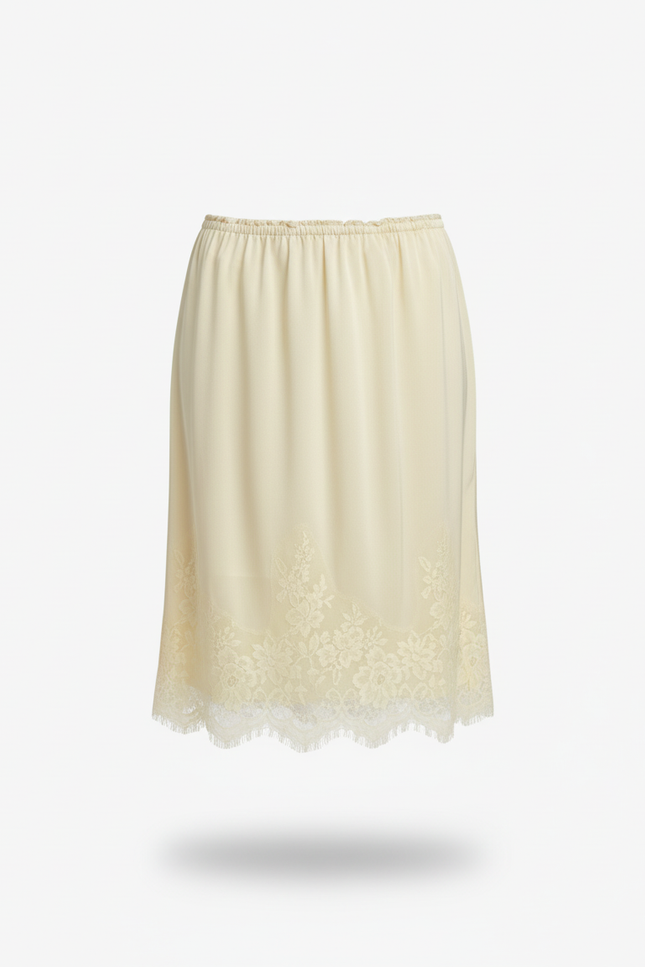 Jupe Satin Crème Élégante Bord Dentelle