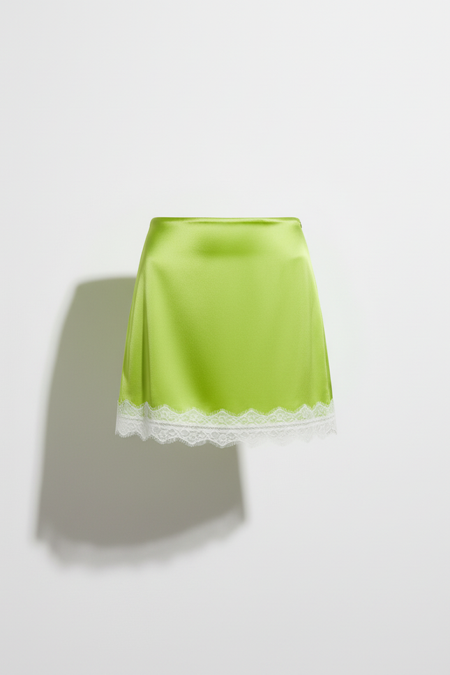 Jupe Satin Vert Fluo Dentelle Élégante