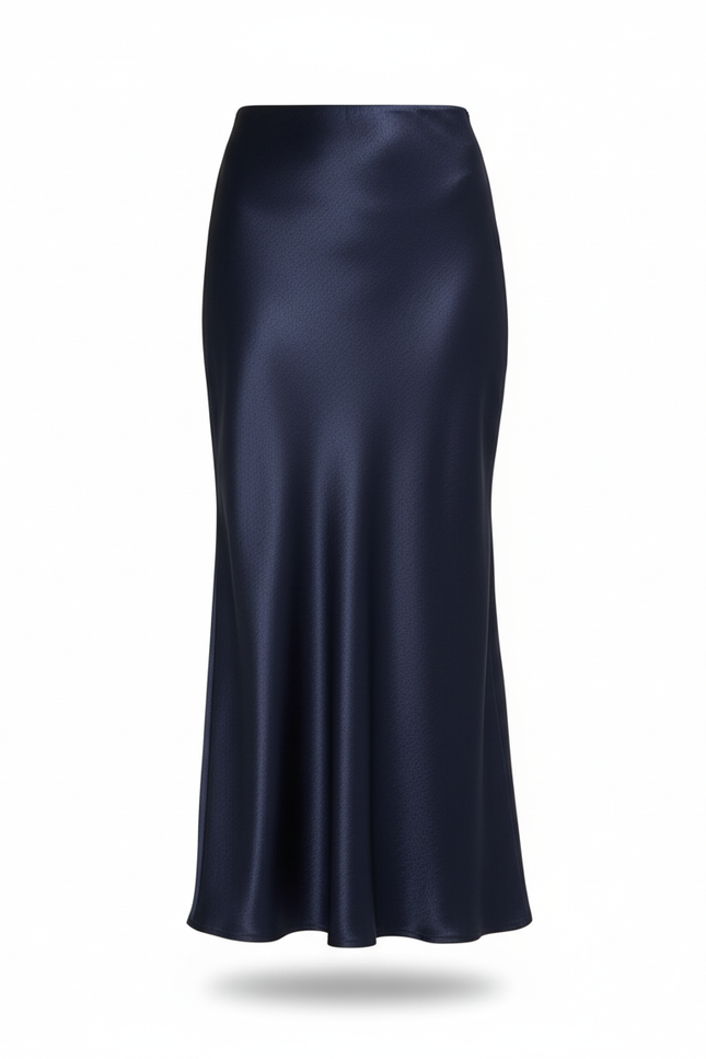 Jupe Satin Bleu Marine Fluide Élégante Profonde