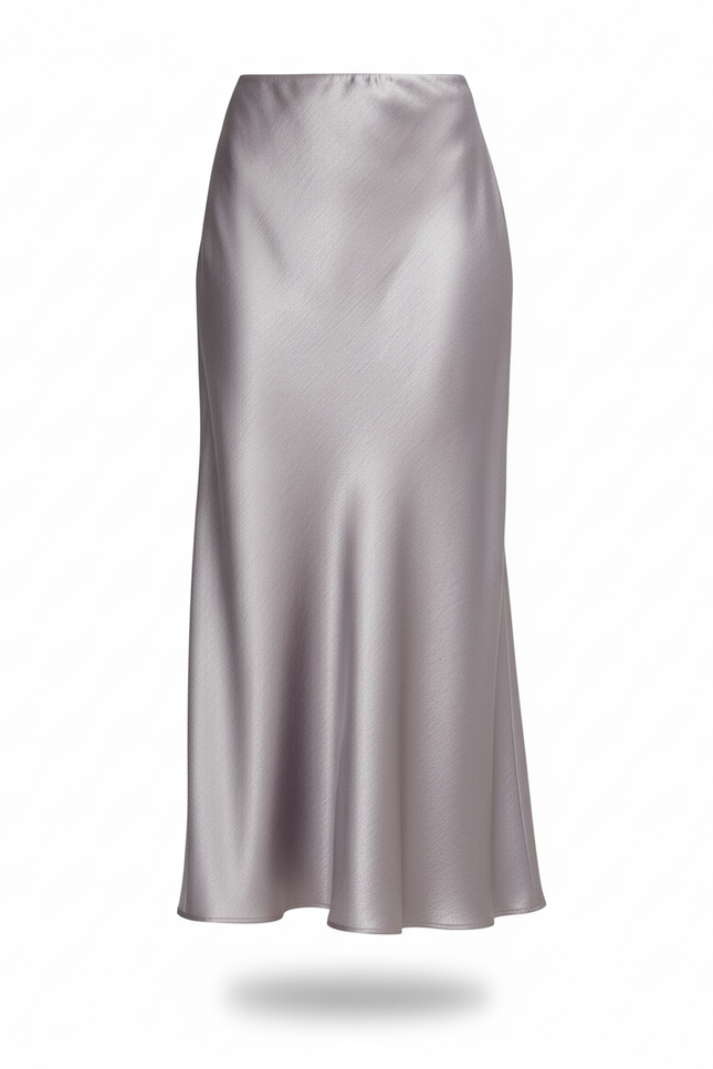Jupe Satin Gris Argenté Midi Élégante
