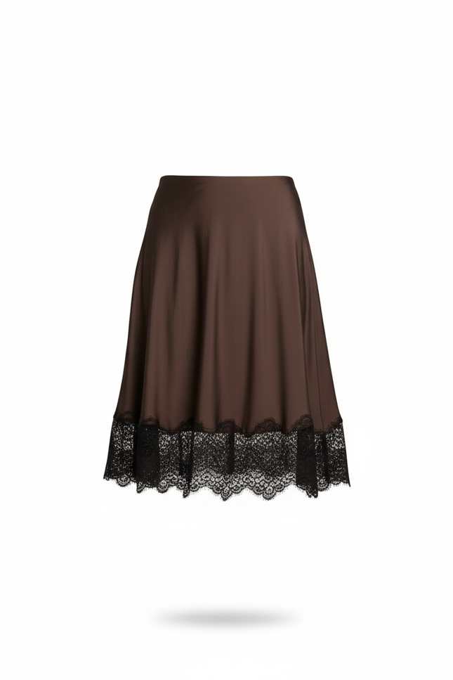 Jupe Satin Marron Dentelle Noire Fluide