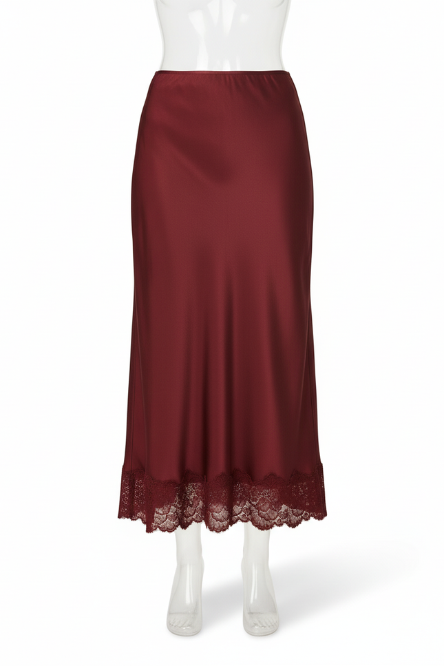 Jupe Satin Bordeaux Dentelle Élégante